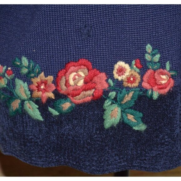 Vintage Koret Ladies L Blue Wool Blend Cardigan Vest Sweater Embroidered Floral - Picture 4 of 11